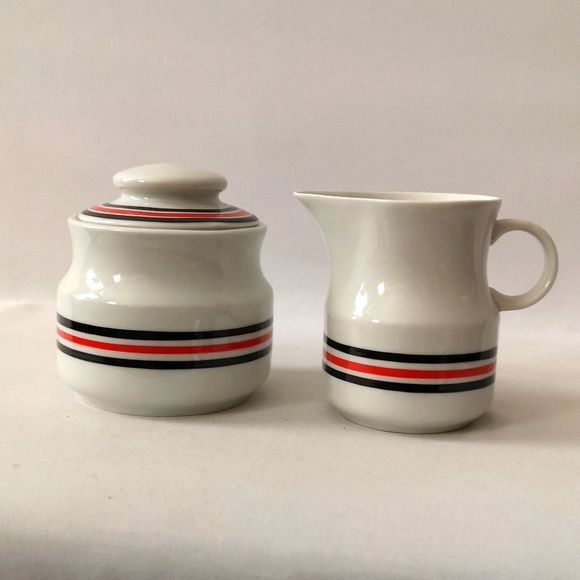 Ceramic Creamer & Sugar Bowl w/ Lid Set, Made in Poland, White Black Red Stripe - Picture 1 of 4
